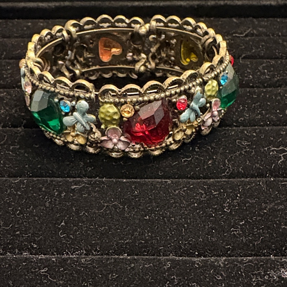 Vintage Multicolor Crystal Butterfly and Flower Cuff Bracelet